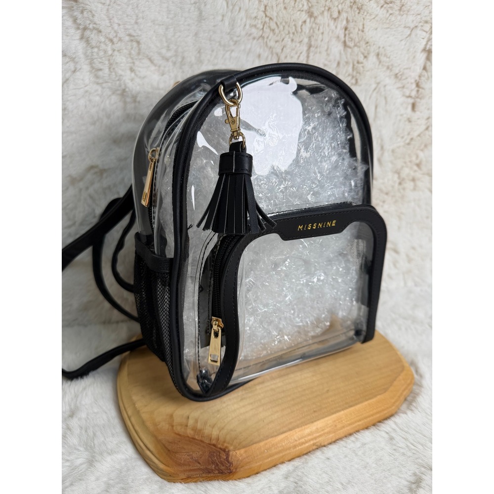 Missnine Clear Stadium Approved Mini Backpack Black Trim Gold Hardware Tassel